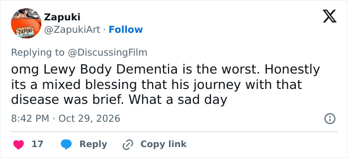 Social media post discussing Lewy Body Dementia and offering condolences. Social media post discussing Lewy Body Dementia and offering condolences.