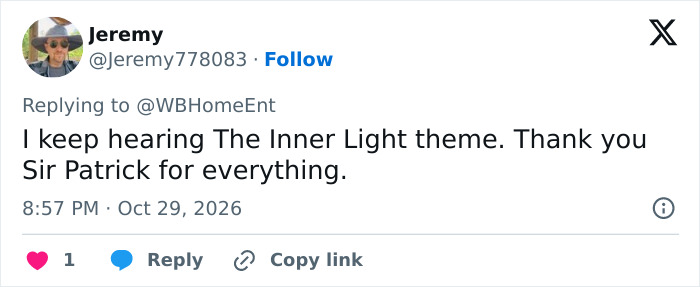 A user tweet expressing gratitude to Patrick Stewart after a co-star's emotional tribute. A user tweet expressing gratitude to Patrick Stewart after a co-star's emotional tribute.