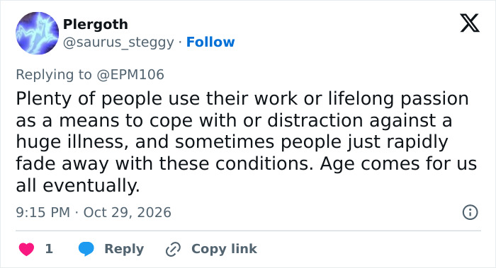 Fan post discussing aging and cope mechanisms following news about Patrick Stewart. Fan post discussing aging and cope mechanisms following news about Patrick Stewart.