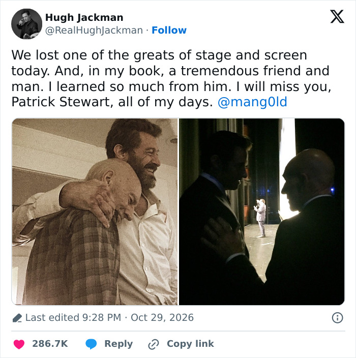 Screenshot of Hugh Jackman’s emotional tribute to Patrick Stewart posted on X. Screenshot of Hugh Jackman’s emotional tribute to Patrick Stewart posted on X.