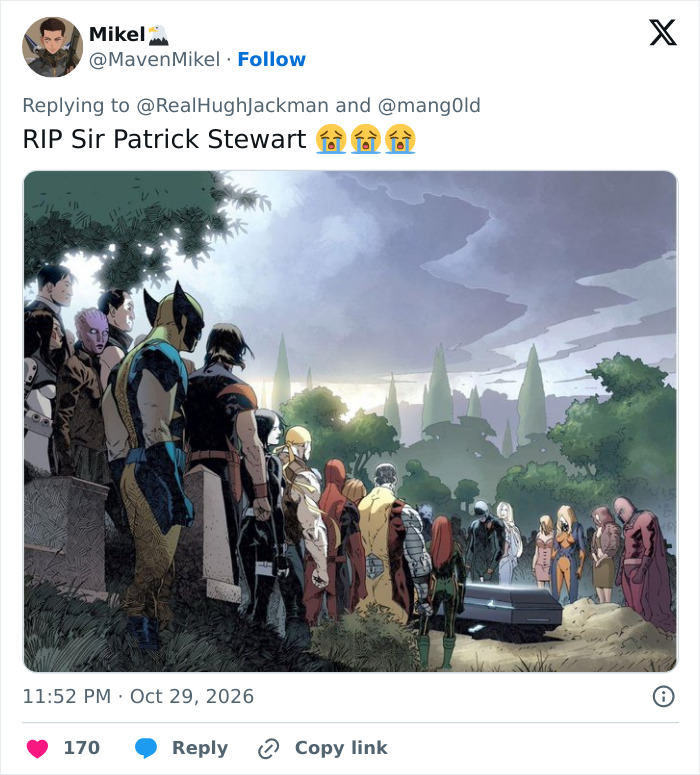 Social media post showing X-Men comic art of a funeral for Patrick Stewart. Social media post showing X-Men comic art of a funeral for Patrick Stewart.