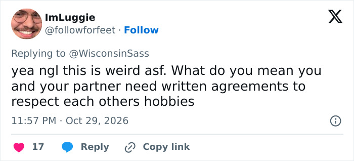 A social media comment criticizing written agreements between spouses in a relationship. A social media comment criticizing written agreements between spouses in a relationship.