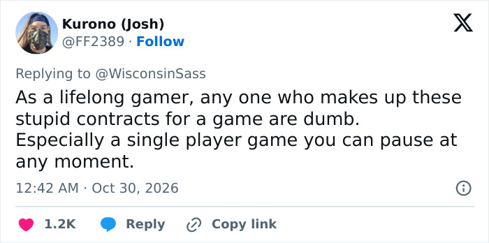 Social media comment criticizing a husband shamed online for making his wife sign a video game contract. Social media comment criticizing a husband shamed online for making his wife sign a video game contract.