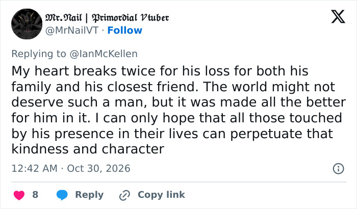 A social media post from a fan offering condolences to Patrick Stewart after the passing of his co-star and friend. A social media post from a fan offering condolences to Patrick Stewart after the passing of his co-star and friend.