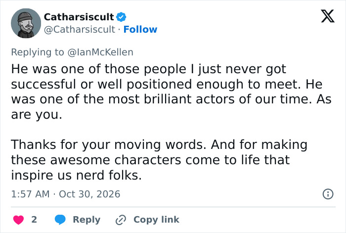 A social media post praising the late actor as brilliant, shared in response to Patrick Stewart. A social media post praising the late actor as brilliant, shared in response to Patrick Stewart.
