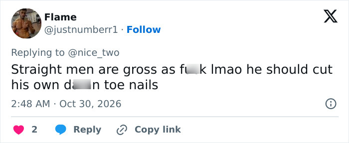 A social media post about a star's grooming habits and long toenails.