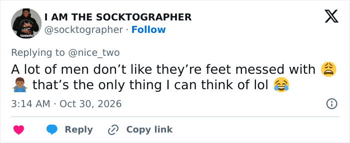 A social media comment discussing men's grooming habits and foot care.