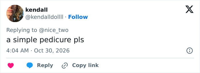 A social media comment requesting a pedicure regarding grooming habits.