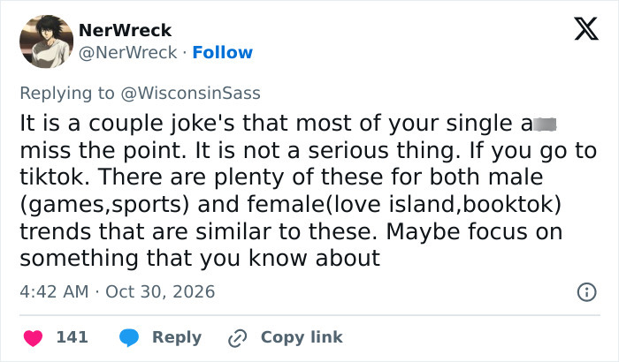 A social media post discussing couple jokes and relationship dynamics online. A social media post discussing couple jokes and relationship dynamics online.