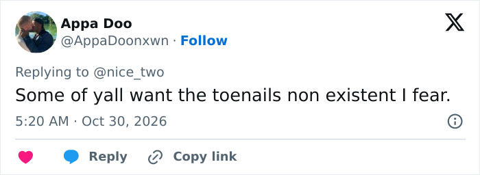 A user response regarding grooming habits and toenails from a Sexiest Man Alive post.