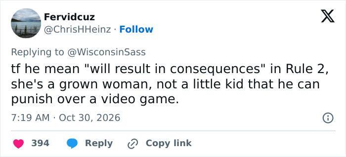 An online reply criticizing a video game rule, referencing a husband shamed online for a repulsive contract. An online reply criticizing a video game rule, referencing a husband shamed online for a repulsive contract.