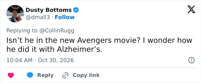 A social media post discussing a movie role in relation to Lewy body dementia and Alzheimer's symptoms. A social media post discussing a movie role in relation to Lewy body dementia and Alzheimer's symptoms.