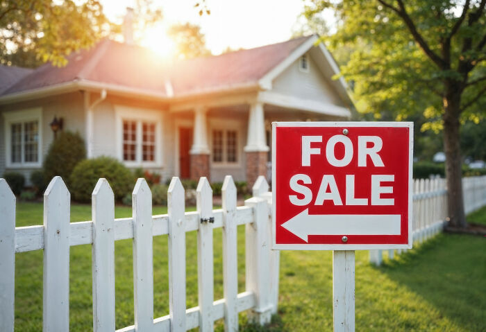 Red for sale sign outside a suburban home related to divorce stories and asset division.