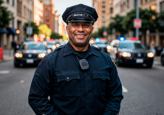 Police officer smiling in front of patrol cars, related to divorce stories involving law enforcement.