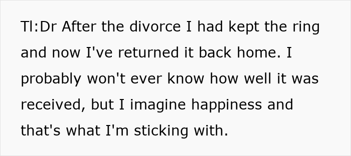 A TLDR summary text about returning a family heirloom ring after a divorce A TLDR summary text about returning a family heirloom ring after a divorce