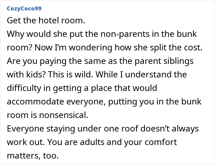 An online response questioning why a child-free couple should stay in a bunk room with kids. An online response questioning why a child-free couple should stay in a bunk room with kids.