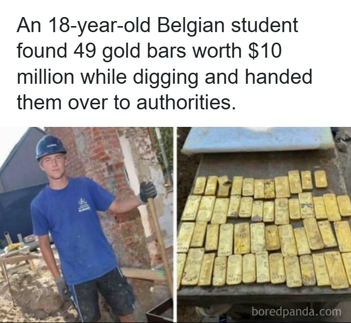 A Belgian student next to 49 gold bars, shown in a post about creepy facts and news stories.
