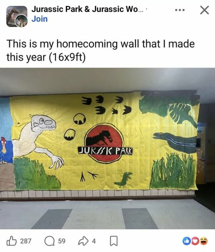 Hilarious crafts and art projects fails include a poorly drawn Jurassic Park banner on a school wall.