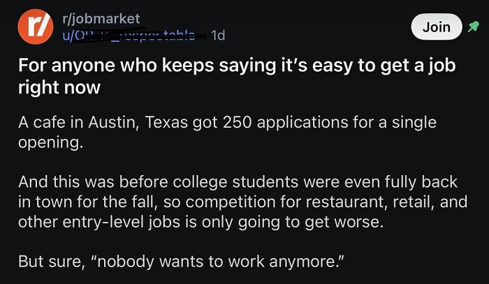 Reddit post about high competition for jobs at an Austin cafe with 250 applications