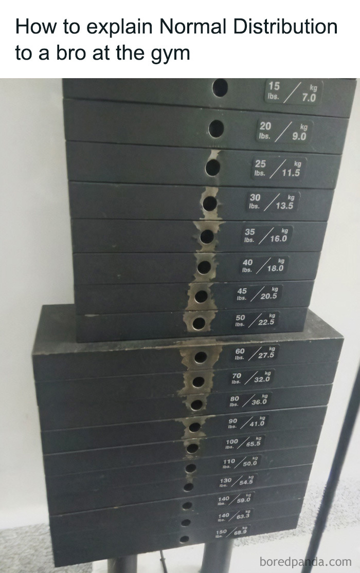 A weight stack at a gym showing wear in a bell curve pattern, illustrating normal distribution in a physics post.