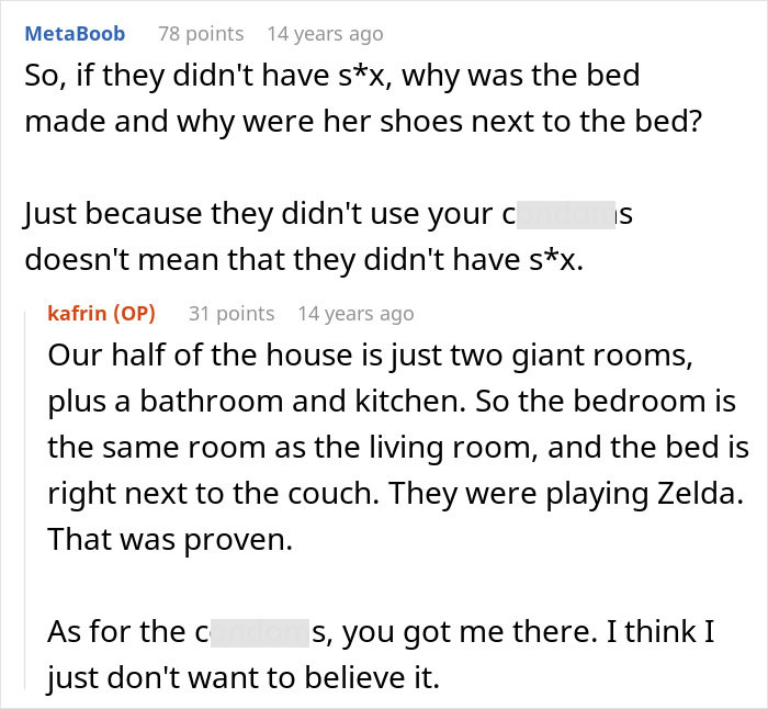 A forum thread showing a user questioning why unfamiliar shoes were left by the bed if they were only playing Zelda. A forum thread showing a user questioning why unfamiliar shoes were left by the bed if they were only playing Zelda.