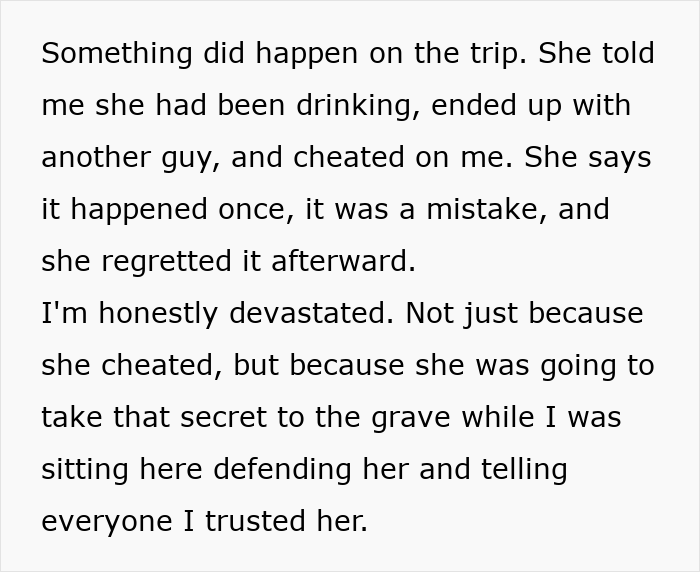 Text revealing the wife's confession about cheating during her girls' trip.