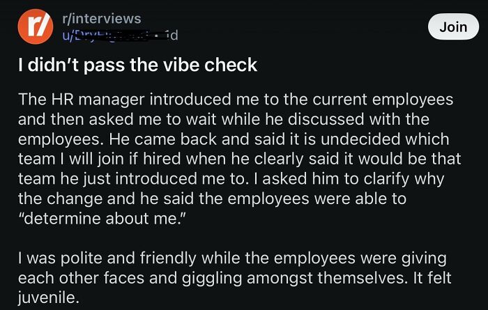 Reddit post about not passing a vibe check during a job interview