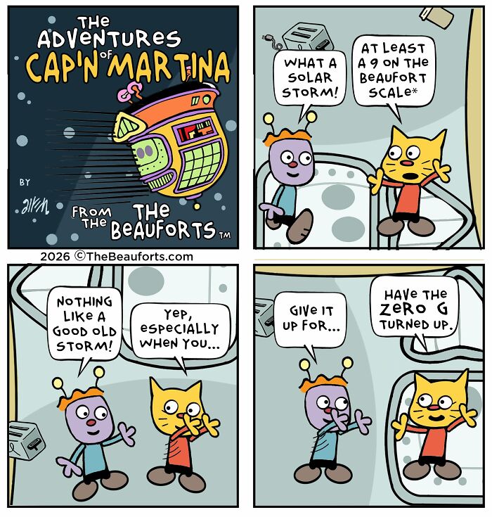 Funny space comics showing cartoon aliens enjoying zero gravity during a solar storm. Funny space comics showing cartoon aliens enjoying zero gravity during a solar storm.