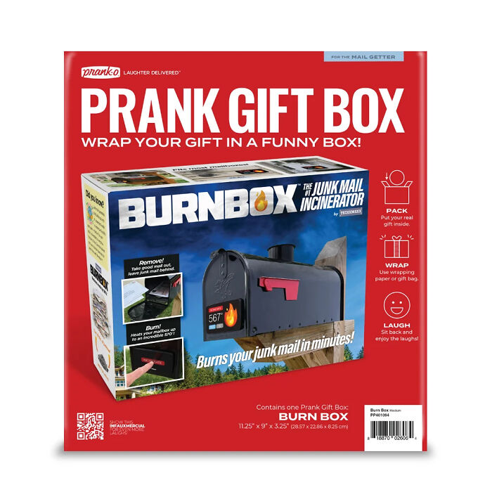 Red Prank O prank gift box packaging displaying hilarious fake products Red Prank O prank gift box packaging displaying hilarious fake products