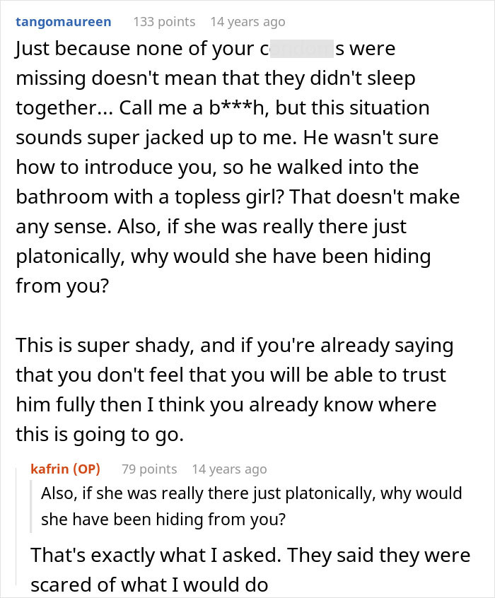 Online comments pointing out the shady situation of a topless girl hiding in the bathroom and the lack of trust. Online comments pointing out the shady situation of a topless girl hiding in the bathroom and the lack of trust.