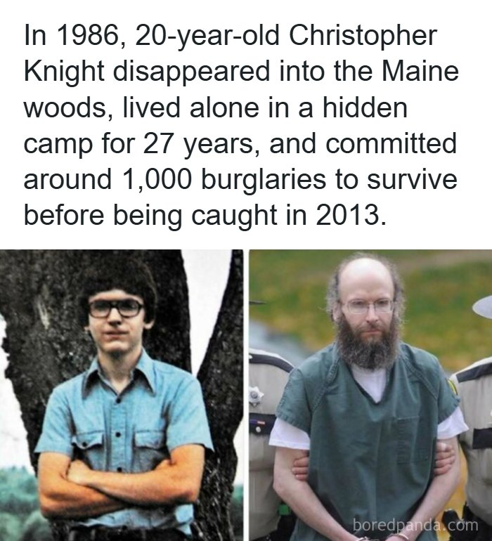 Before and after photos of Christopher Knight who disappeared into the woods, a classic among creepy facts