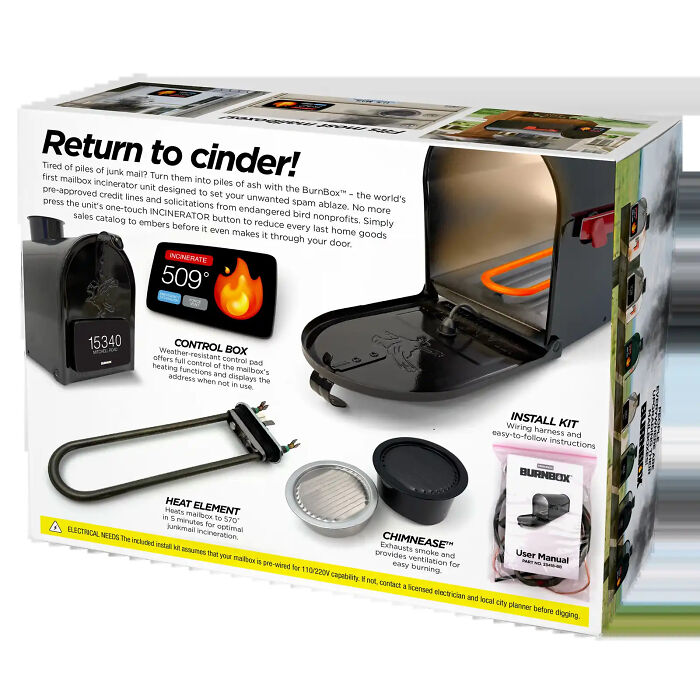 Back of BurnBox prank gift box featuring hilarious fake products and components Back of BurnBox prank gift box featuring hilarious fake products and components