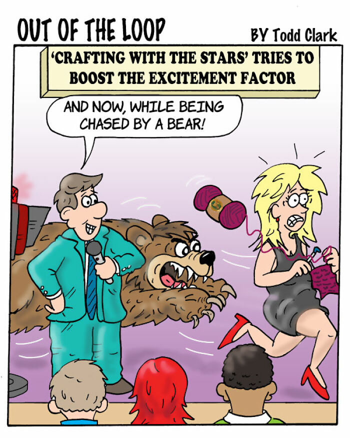 Satirical comics panel showing a game show host, a bear, and a running woman.