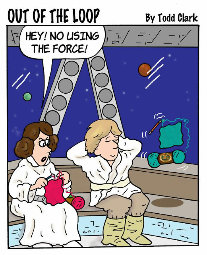 Satirical comics depicting Luke Skywalker using the Force to knit.