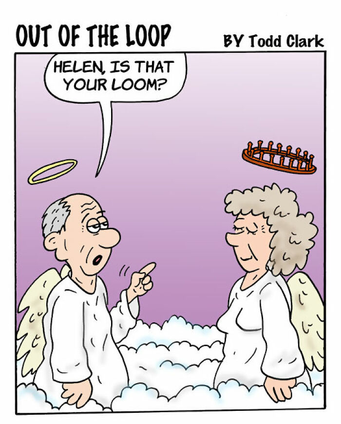 Two angels talking in heaven, satirical comics illustrating ordinary situations.
