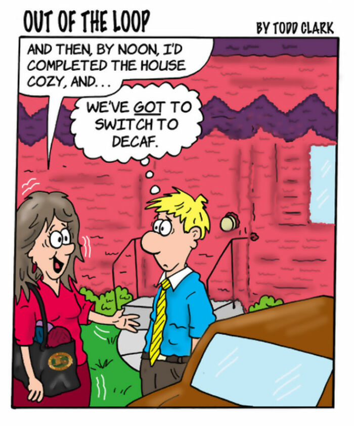 A satirical comic about a woman knitting a cozy for an entire house, showing the ridiculous in ordinary situations.