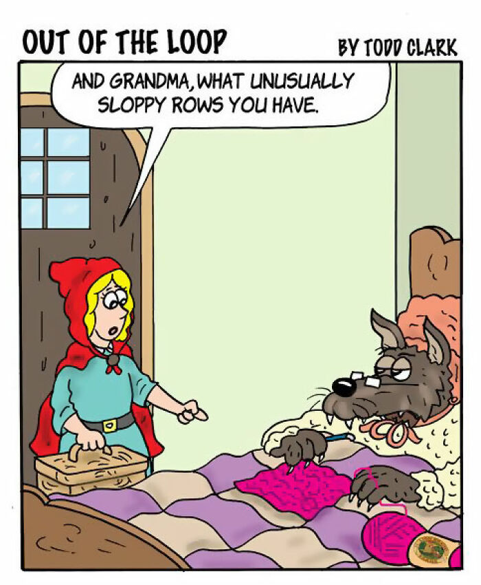 A satirical comic of Little Red Riding Hood talking to the Big Bad Wolf, depicting ridiculous situations in fairy tales.