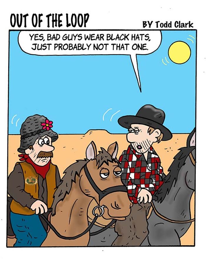 A satirical comic depicting cowboys on horses in a desert, highlighting ridiculous situations in classic western tropes.