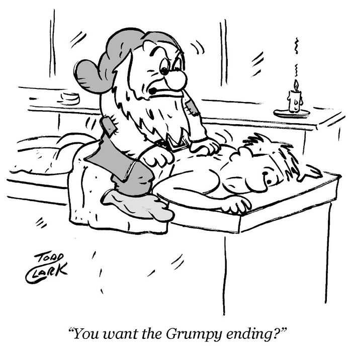 A satirical comic showing the Grumpy dwarf giving a back massage, illustrating ridiculous situations in a fairy tale.