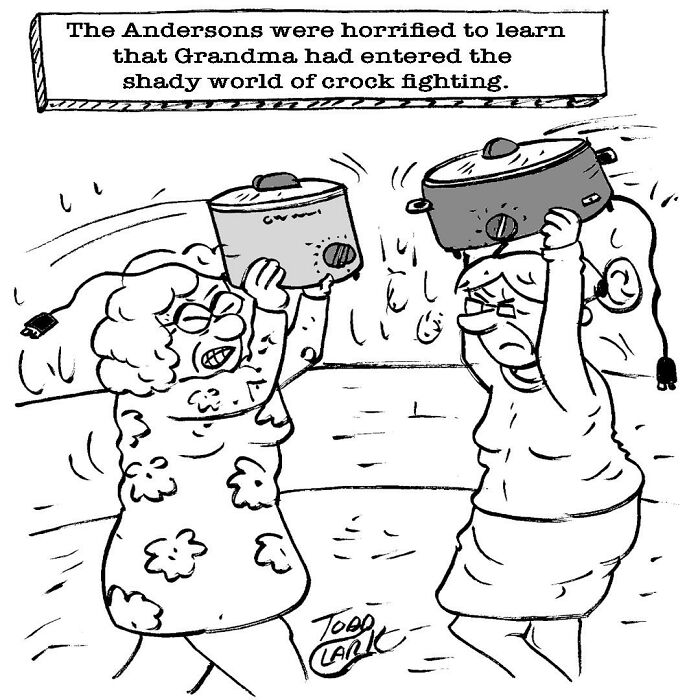 Satirical comics featuring two grandmas in an underground crock fighting arena throwing slow cookers