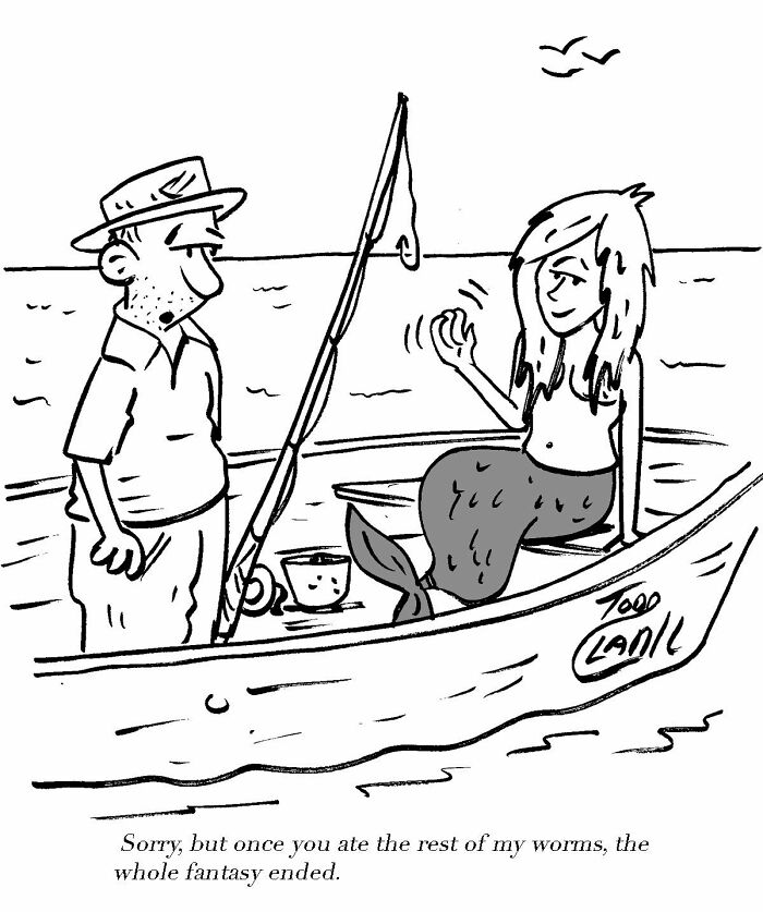 Satirical comics showing a fisherman in a boat with a mermaid who ate his worms