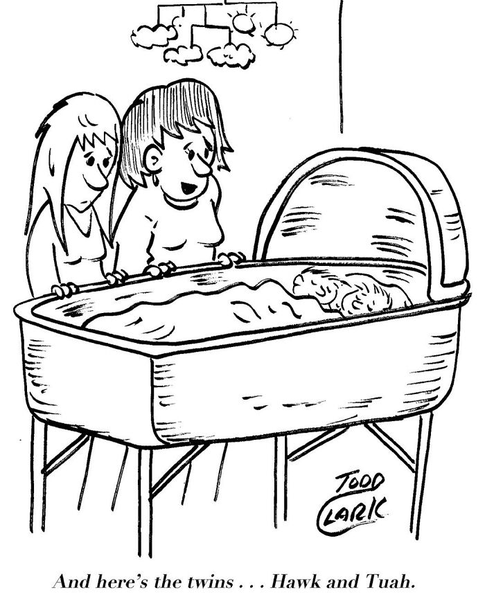 Satirical comics illustration showing two moms looking at newborn twins named Hawk and Tuah