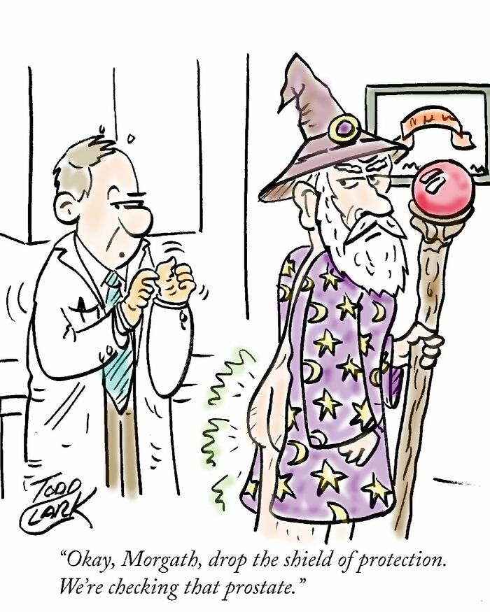 Satirical comics panel featuring a nervous doctor checking a wizard’s prostate