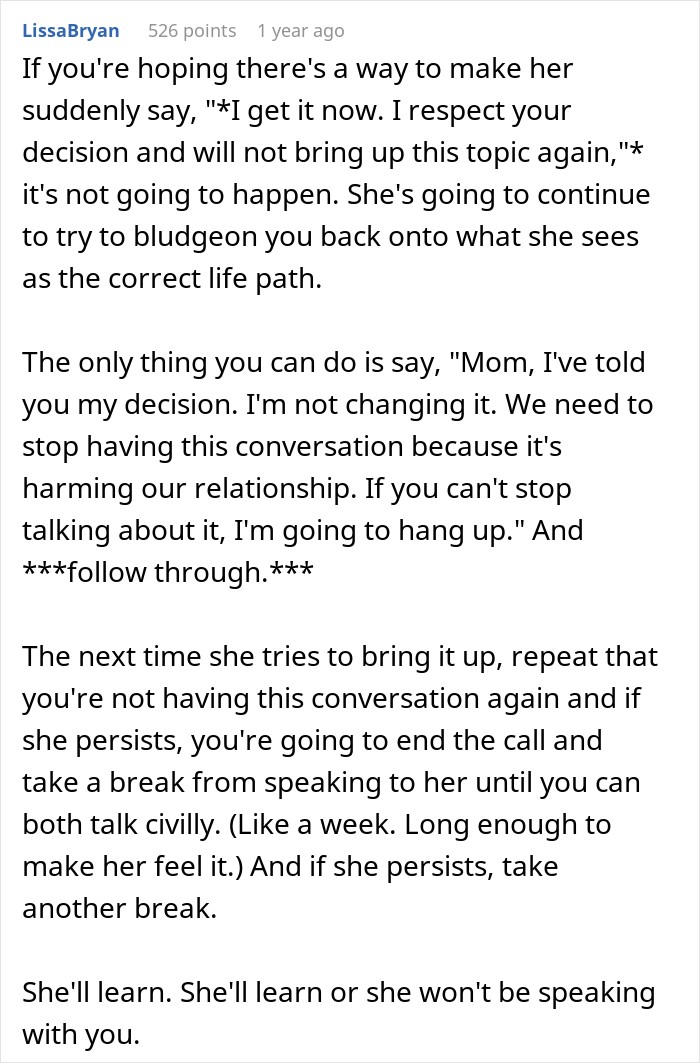 Mom Says There Is "No Point" For Daughter's Life If She's Not Going To Have Kids Mom Says There Is "No Point" For Daughter's Life If She's Not Going To Have Kids