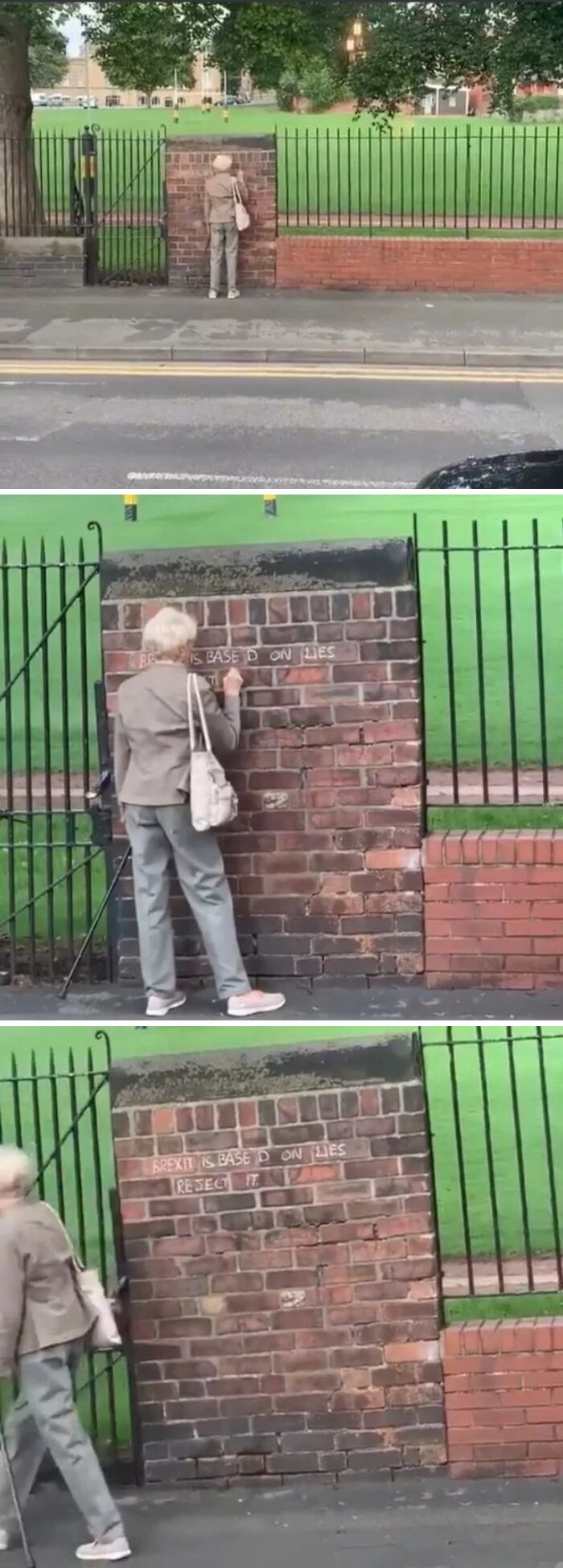 Clever vandalism on a brick wall reading Brexit is based on lies, reject it.