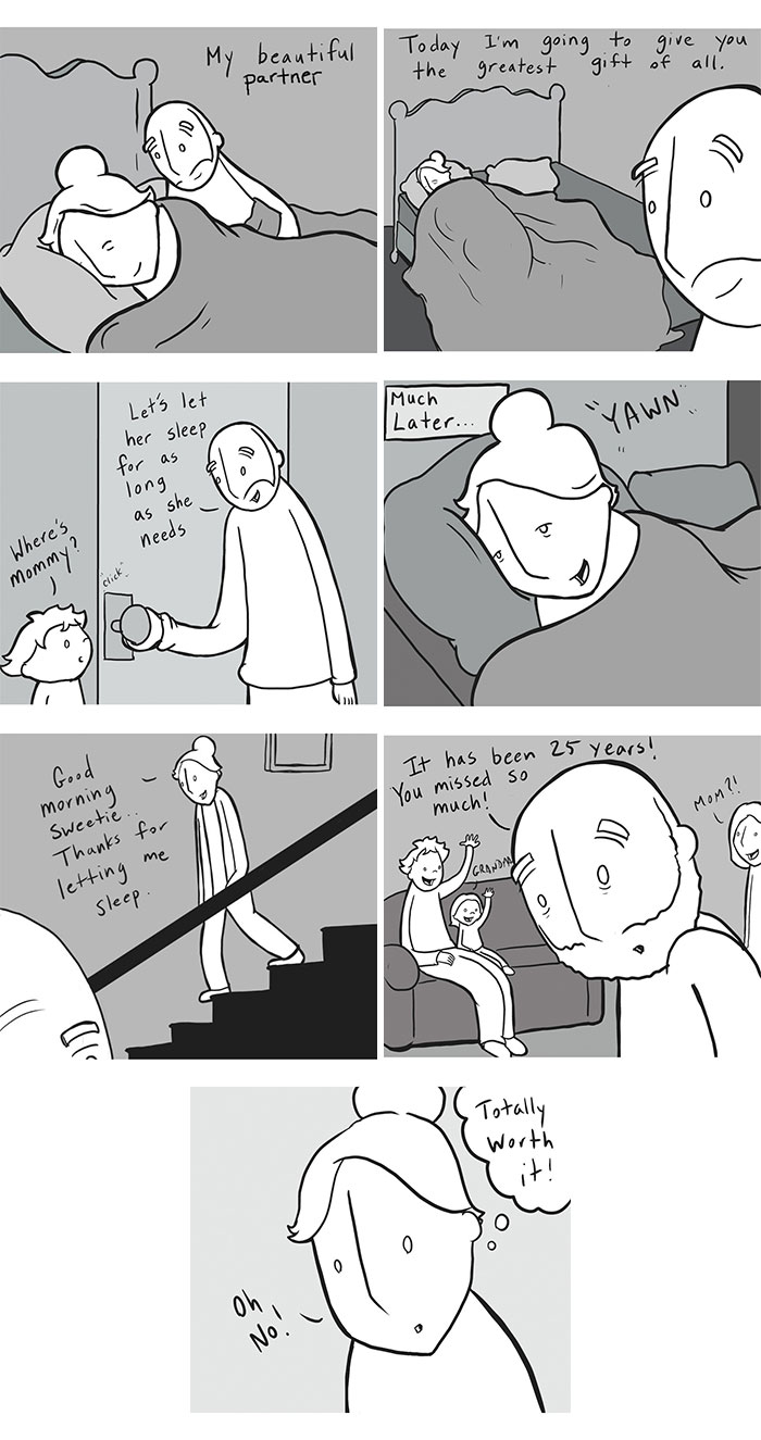 Comic showing a partner sleeping in and family valuing rest as a gift