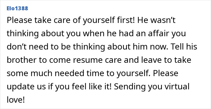 A online comment advising self care after discovering an affair while boyfriend gets heart surgery.
