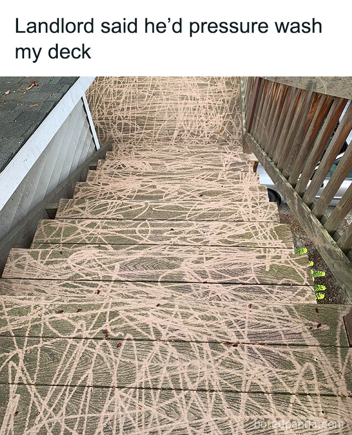 Funny cringe construction fails meme showing a badly pressure washed wooden deck with squiggly lines everywhere.