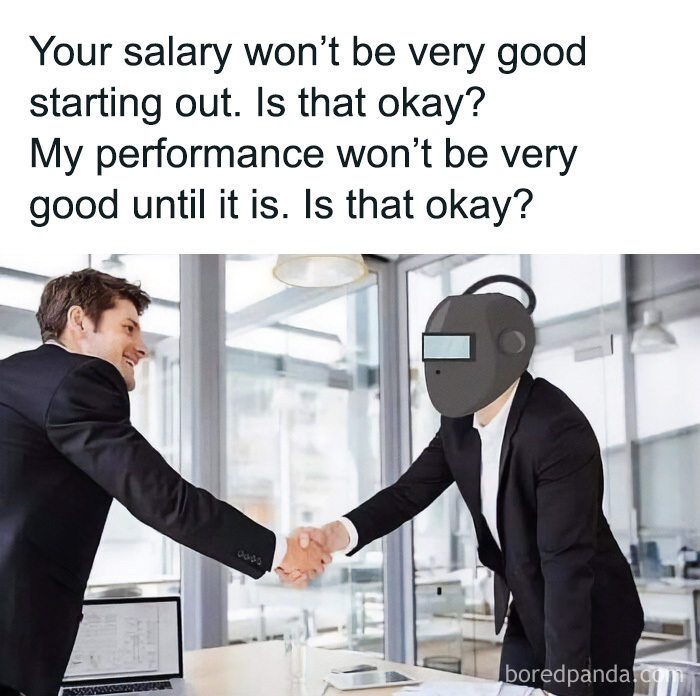 Funny construction fail meme showing a job interview handshake with a welder helmet.