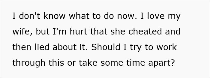 A text post detailing a husband's dilemma after discovering his wife cheated on her girls trip.